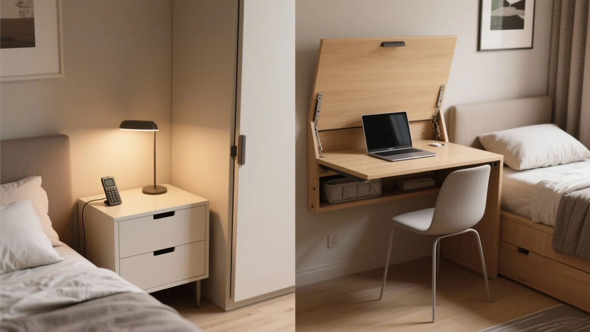 Before and after comparison of bedside table transformed into a wall mounted fold down desk