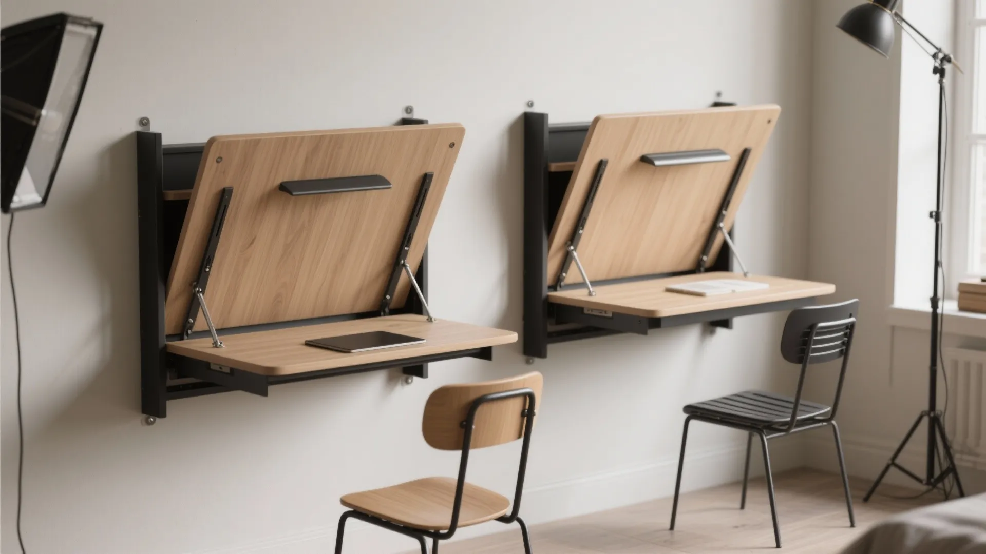 Two wall mounted folding wooden desks with black chairs and floor lamp in a bright room