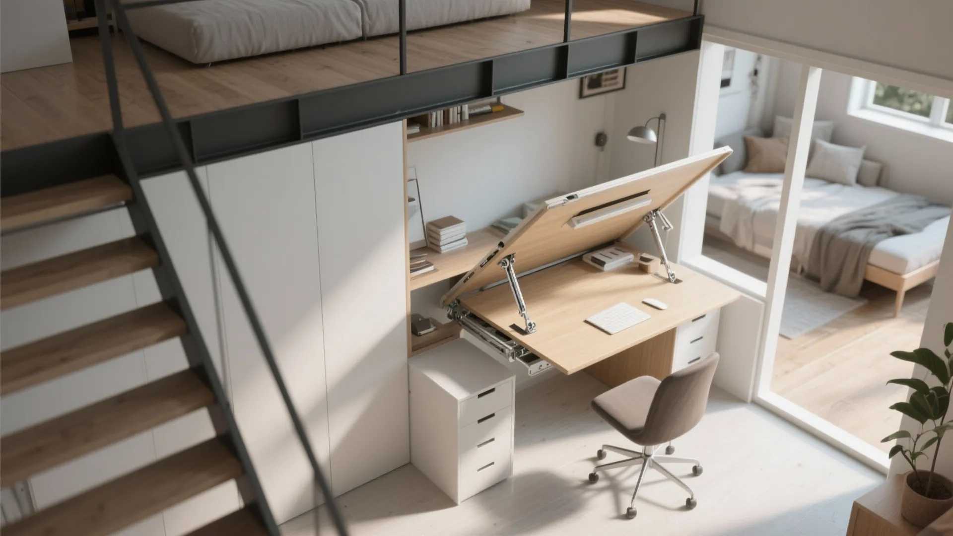 Interior design drawing showing a white cabinet with a foldable wooden desk and office chair