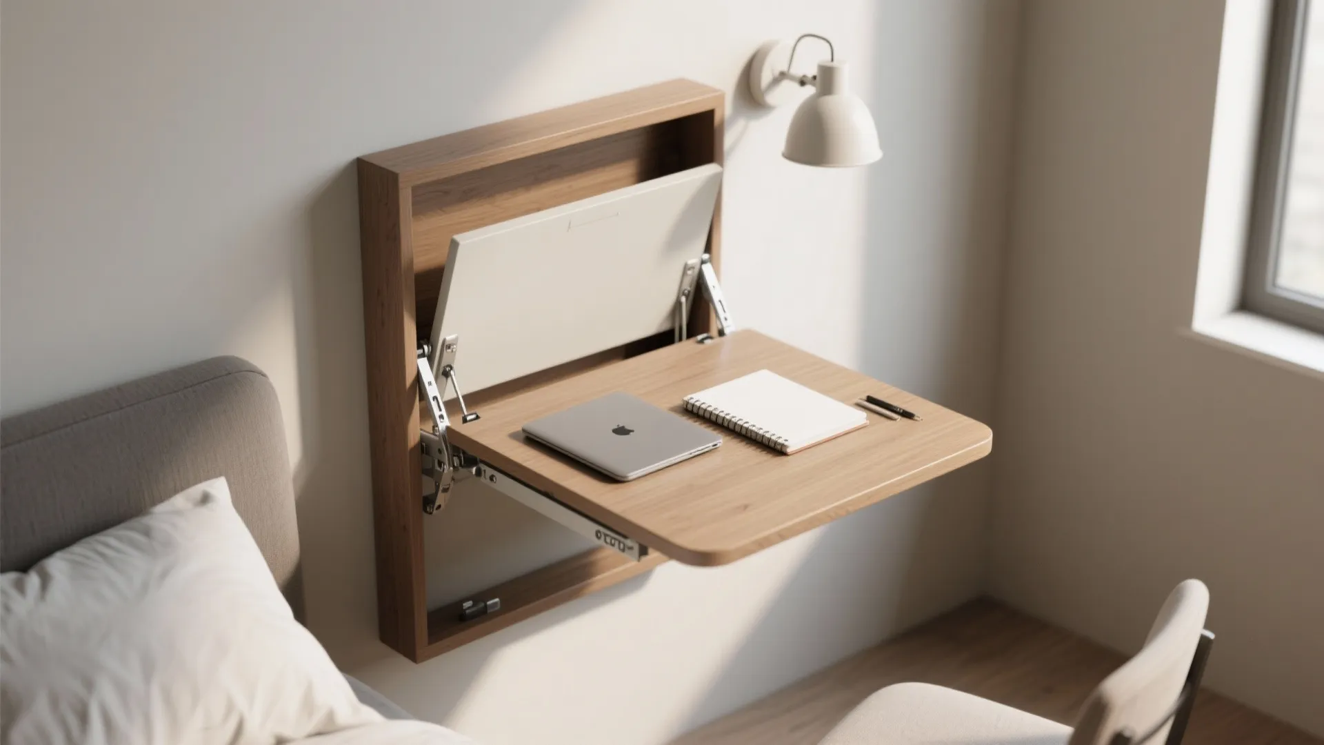 Wooden wall mounted fold down desk with laptop and notebook next to a grey bed
