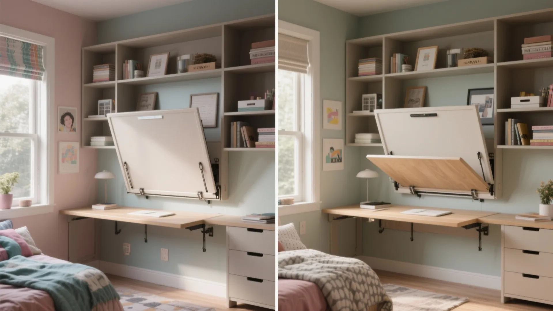 Side by side comparison of a wall mounted desk folding out from a white storage cabinet