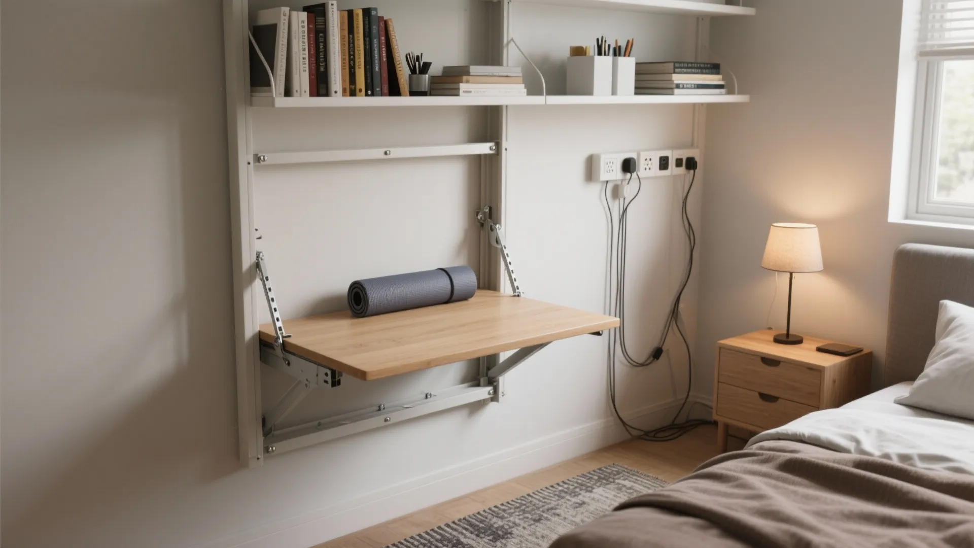 1. Fold-down wall desk with vertical shelving