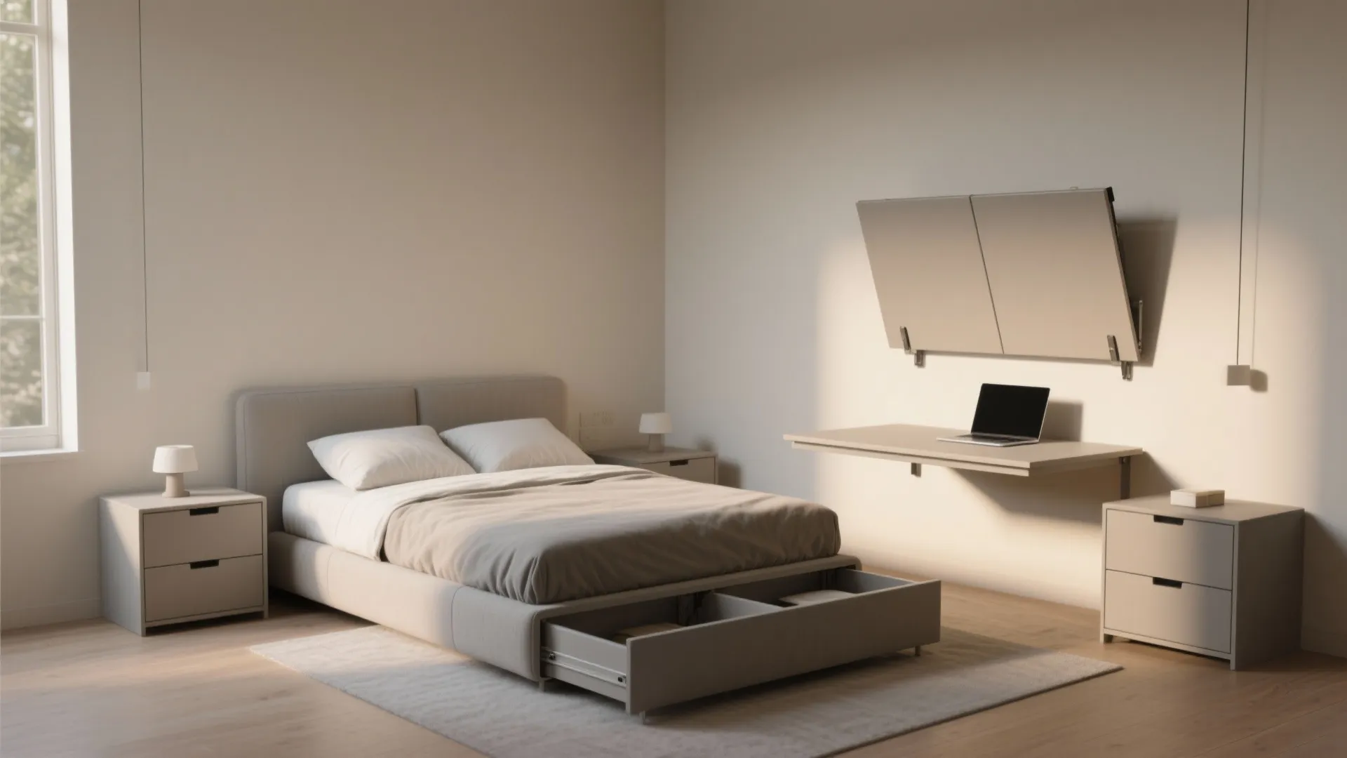 Minimalist bedroom with a fold down wall desk and bed with storage drawers for space