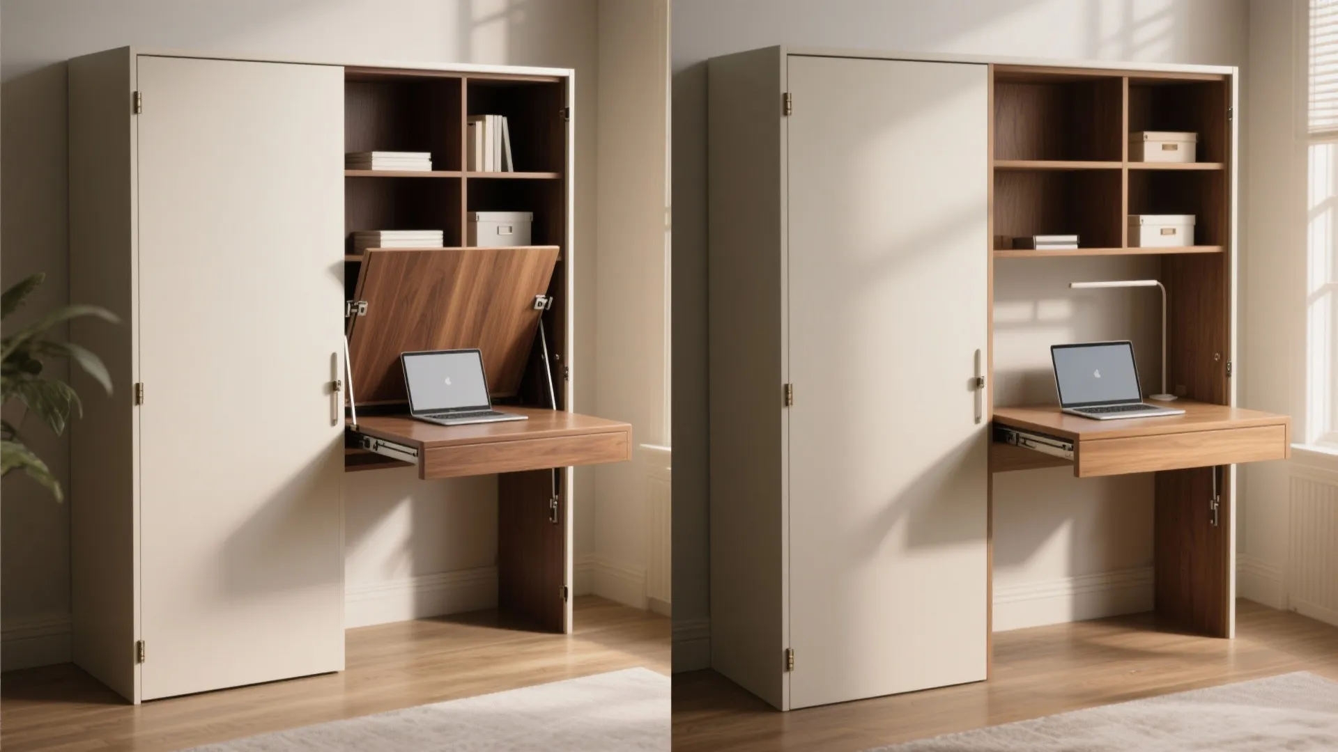 Modern white cabinet with a fold down wooden desk showing a laptop and shelf storage
