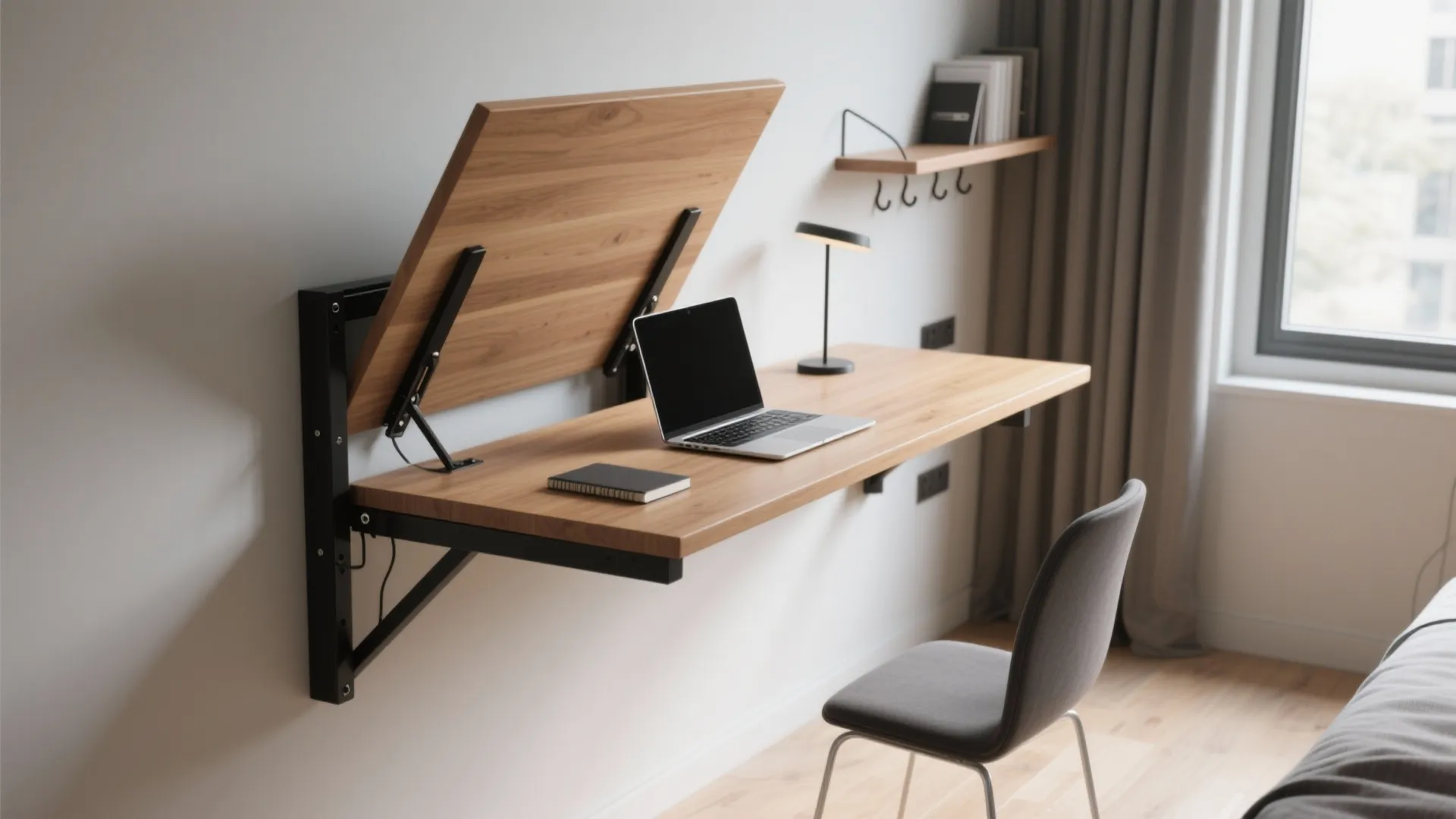 Wooden wall mounted folding desk with a laptop lamp and grey chair in a bedroom
