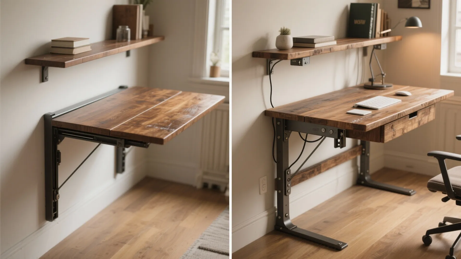 Before and after comparison of a wall mounted folding wooden desk and a full office setup