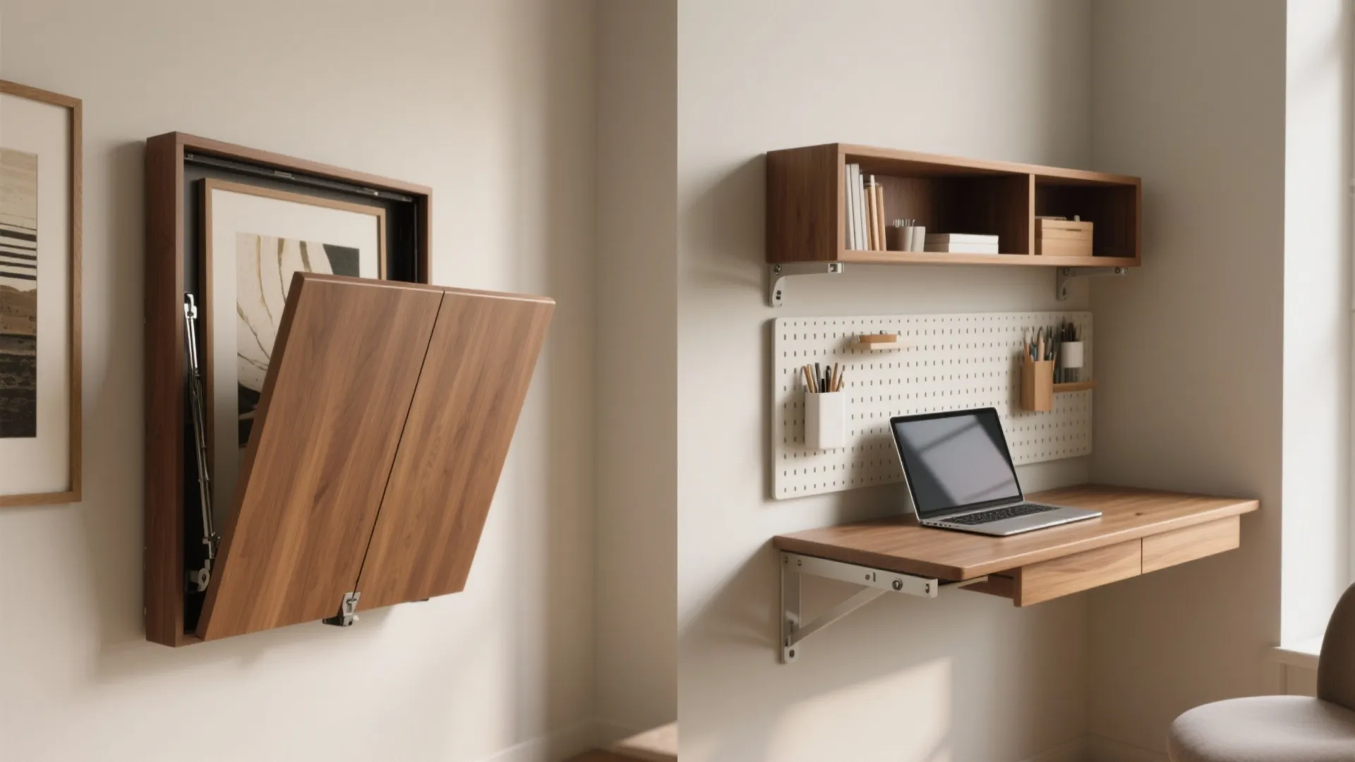 Before-and-after view of a wall-mounted fold-down desk hidden behind artwork, showing internal pegboard and hinge detail
