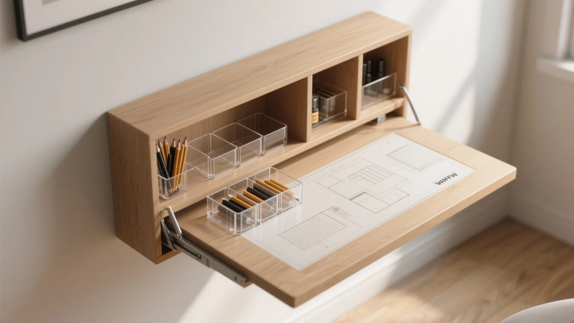3. Fold-down desk with compartmented inserts