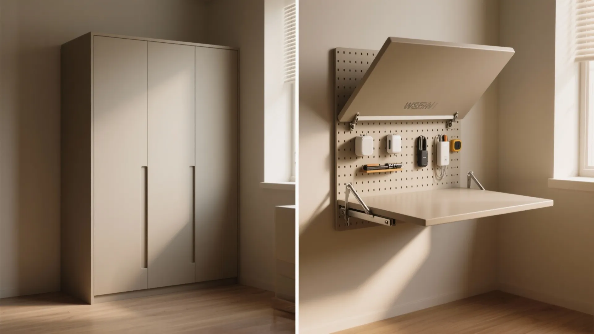 Comparison showing a closed wall cabinet versus an open beige fold down desk with pegboard
