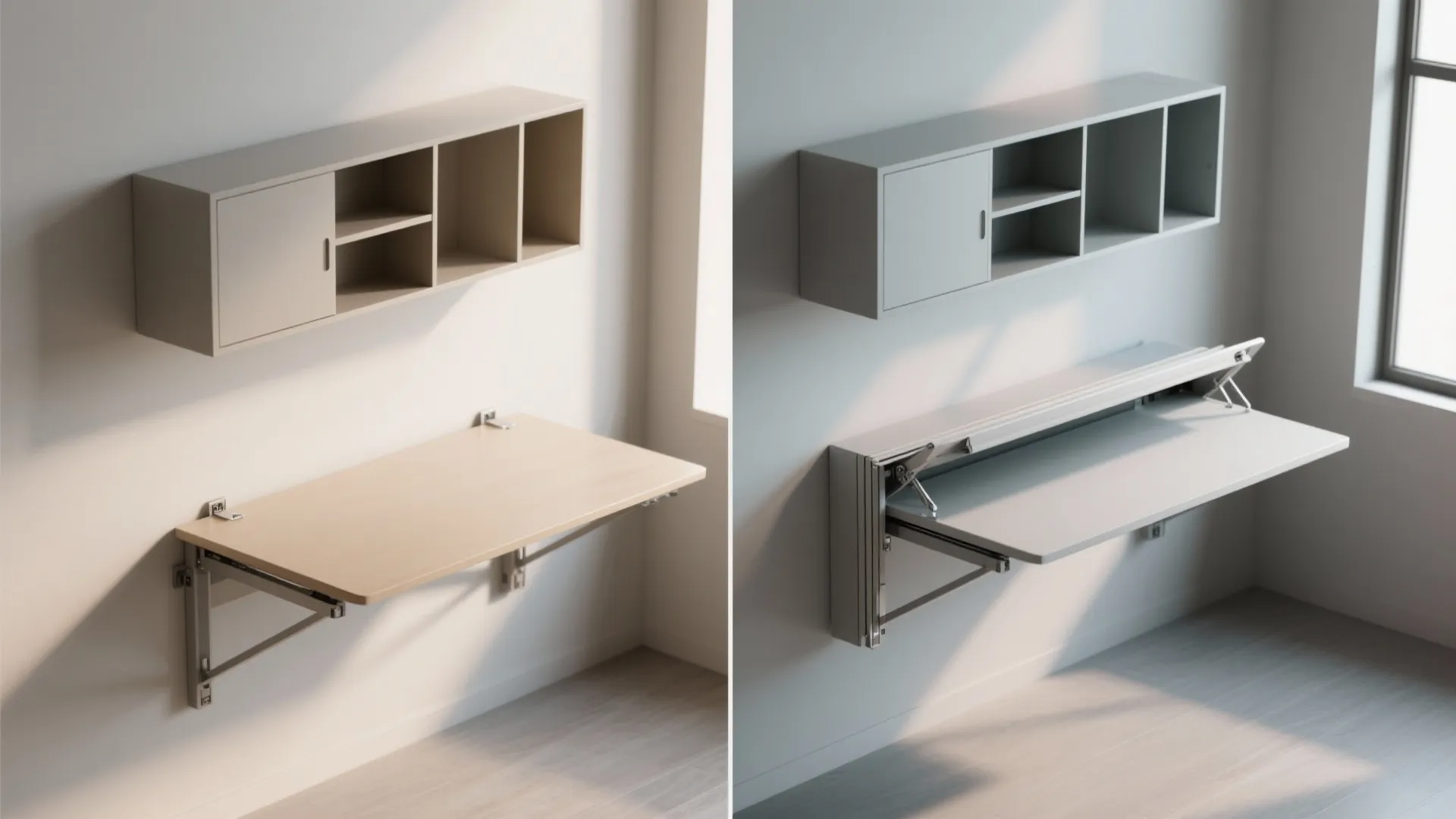 Wall-Mounted Folding Desk with Hutch