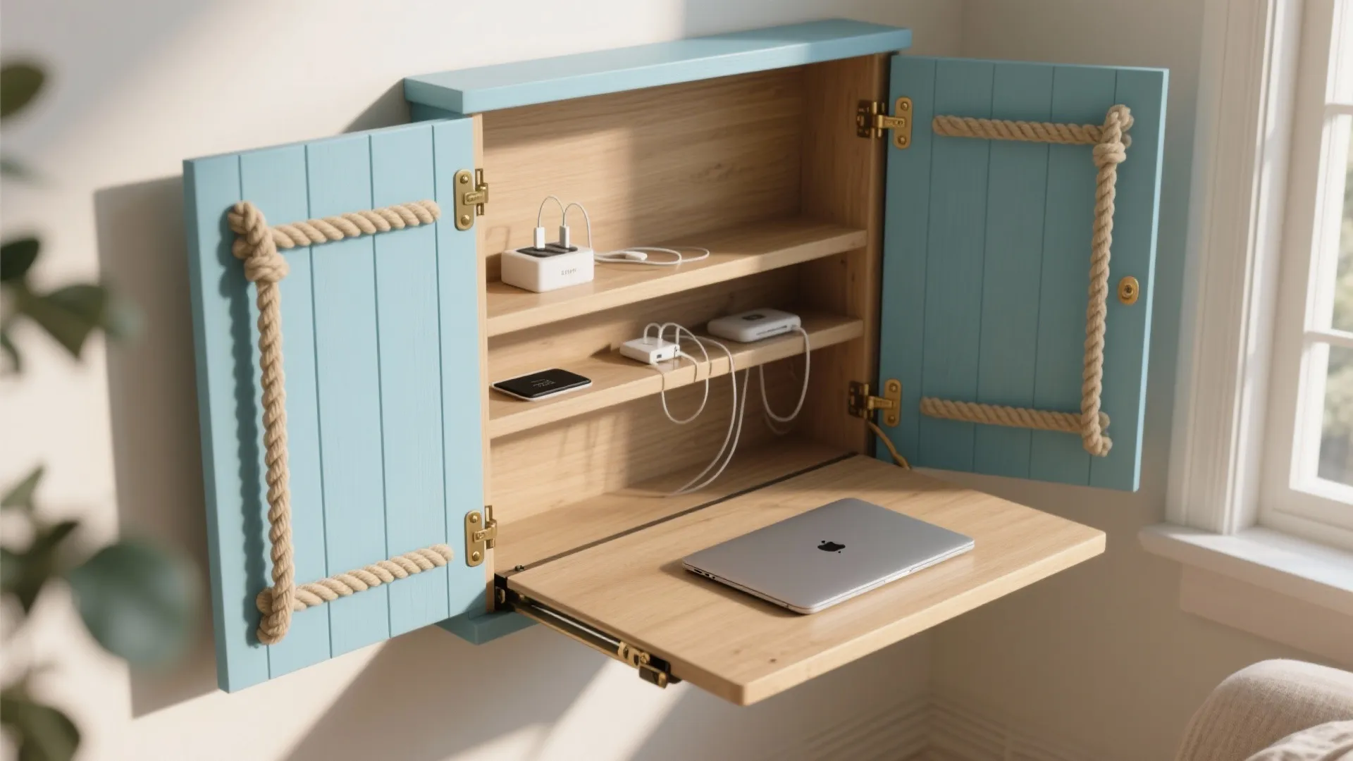 4. Fold-down bar desk with rope accents