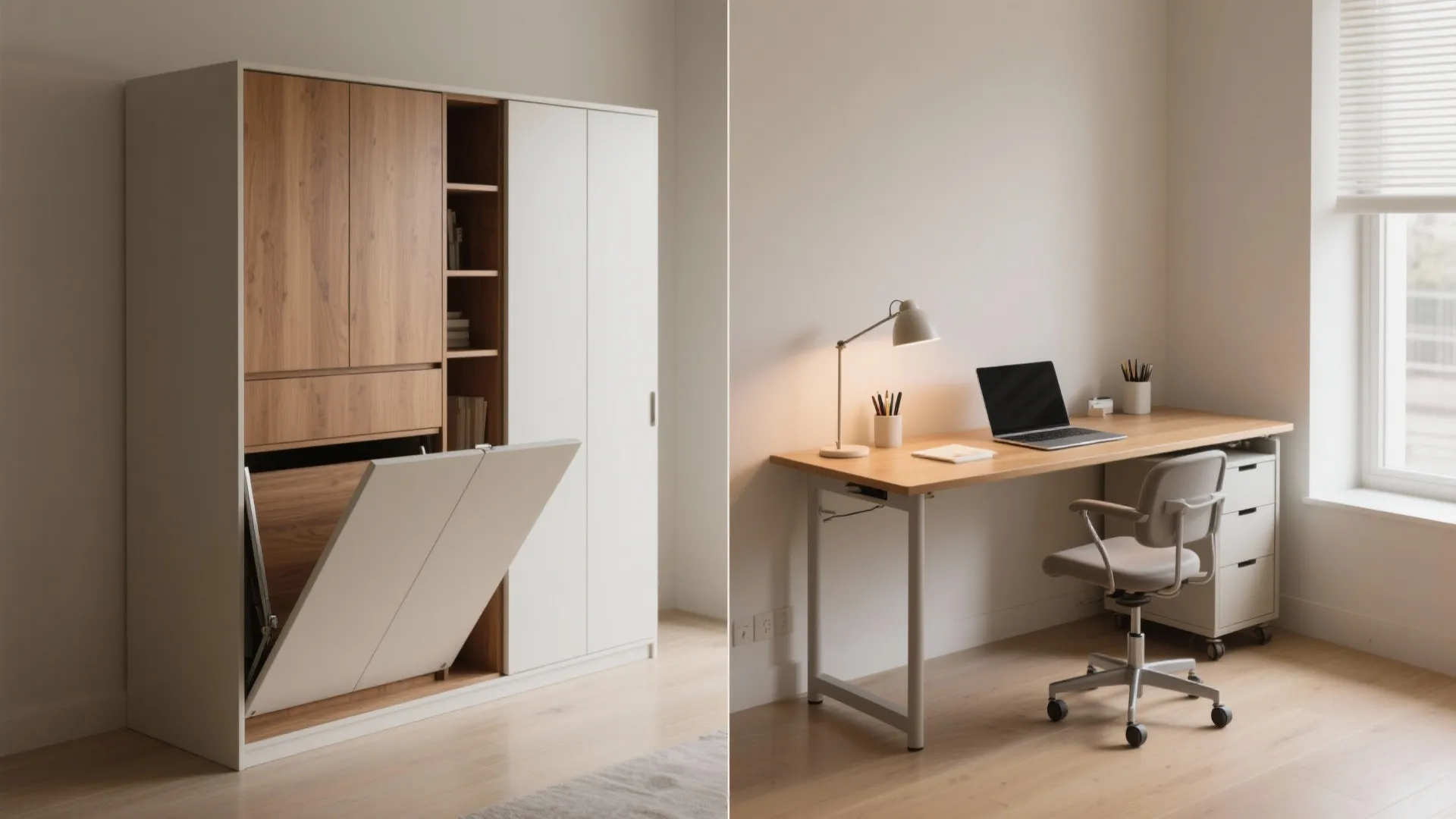 Fold-down desk cabinet showing the opening mechanism next to a complete home office workspace setup