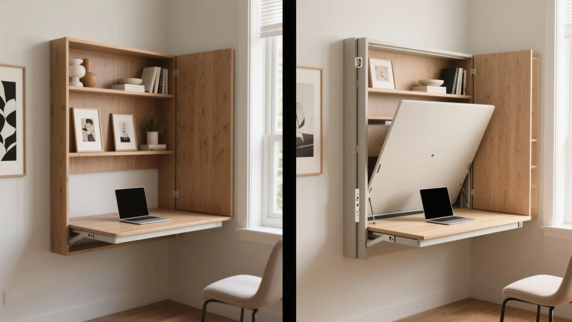 Before and after split image of a fold-down corner desk closed as a shelf and opened as a workspace, showing hinge and latch details.