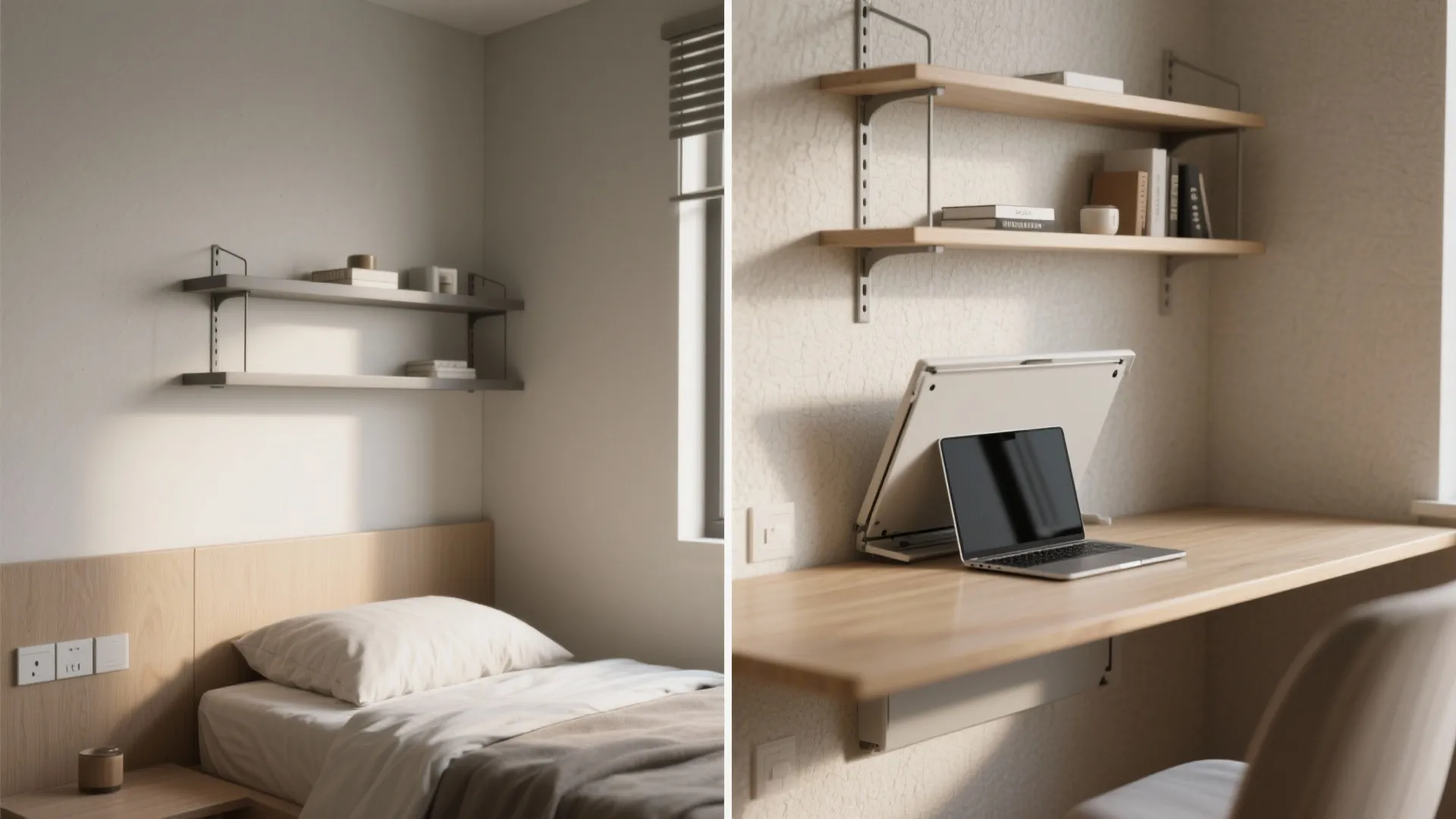 Small bedroom showing wall mounted fold down desk with laptop and shelves for saving space