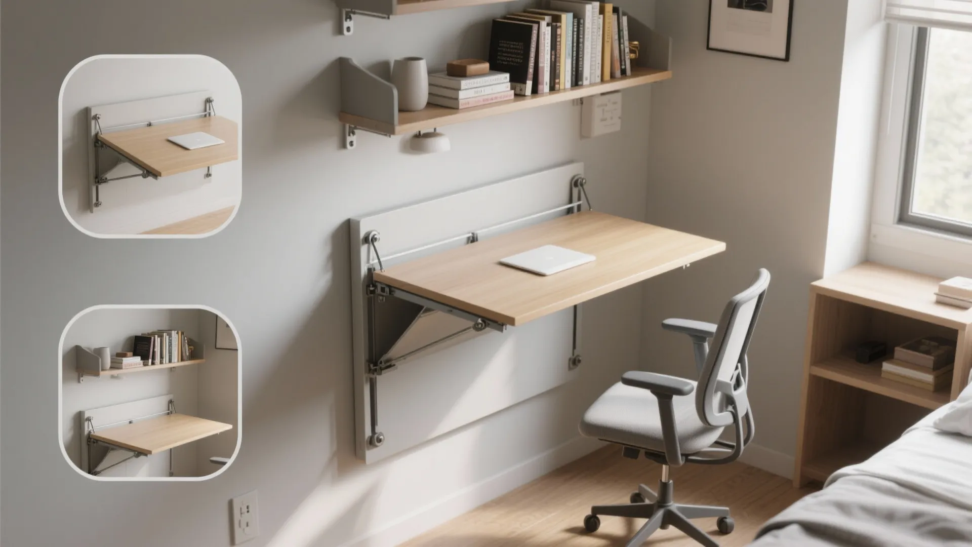 2. Fold-down Wall Desk with Open Shelves