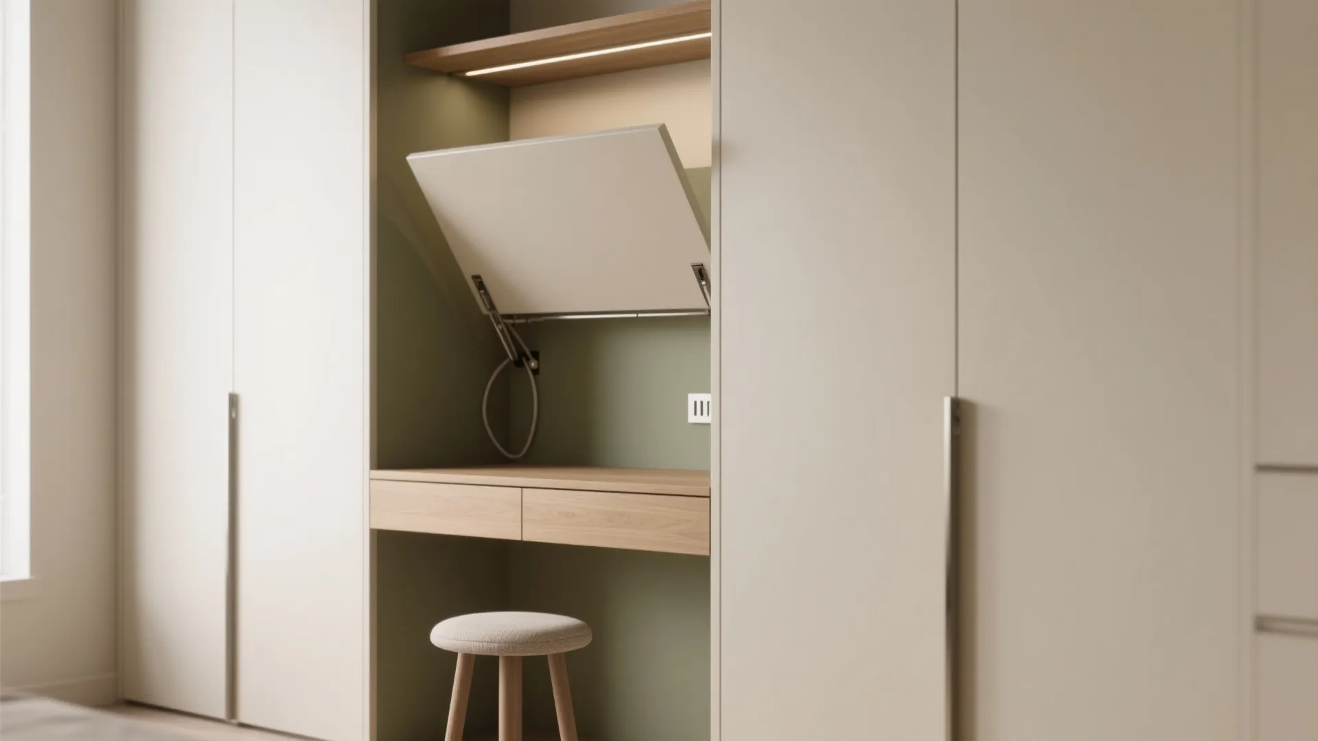 Bedroom wall of storage with a fold-down desk