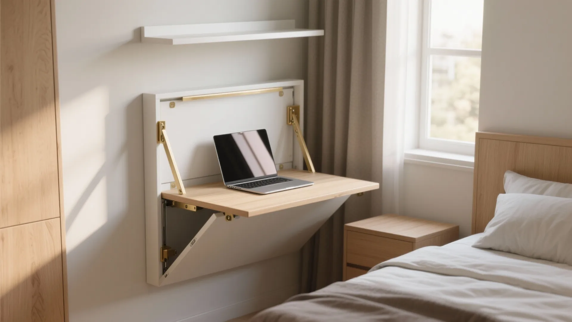 Modern fold down wall desk with laptop in bedroom next to bed and wooden cabinet