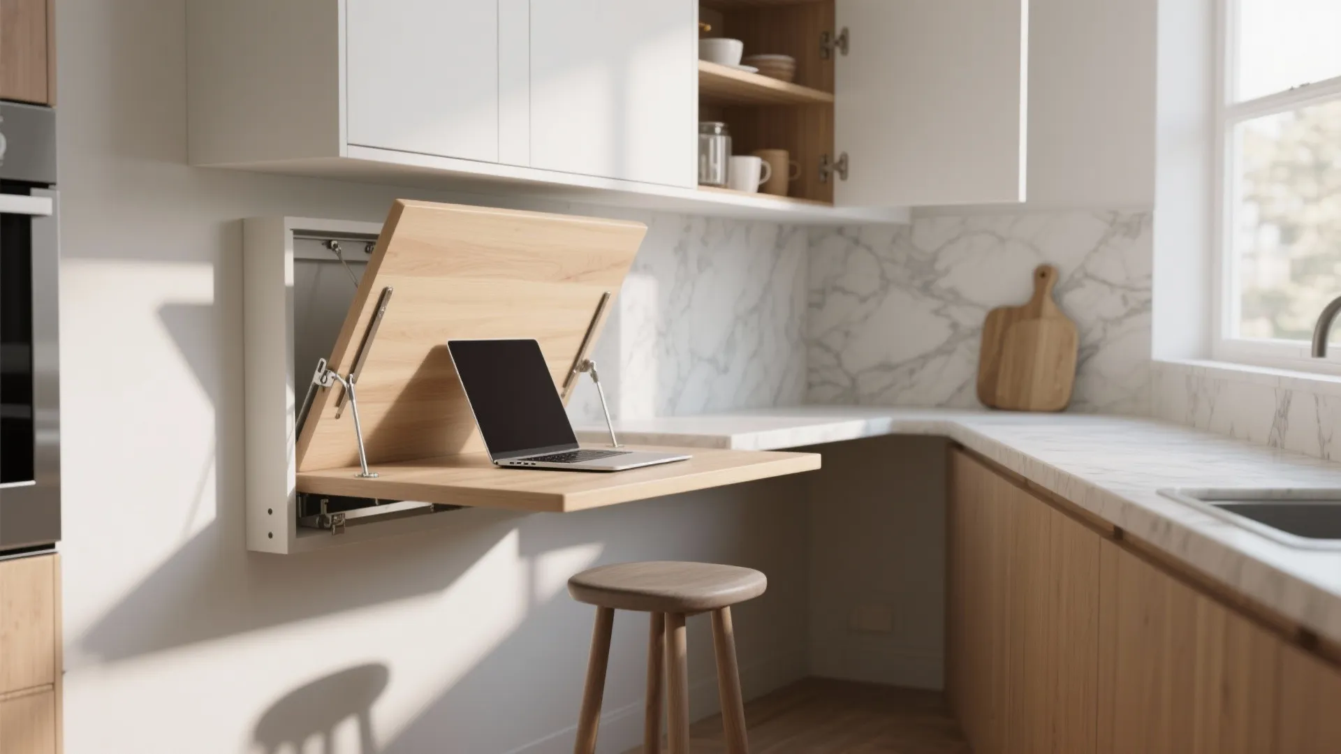 Wooden fold down desk mounted on kitchen wall with laptop and wooden stool for work