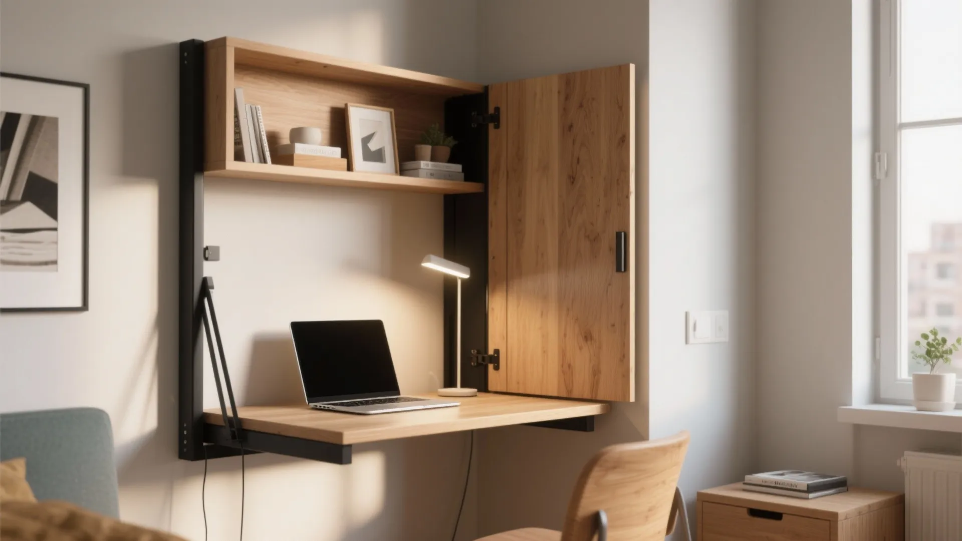 Small wall mounted wooden folding desk with a laptop desk lamp and shelf in bedroom