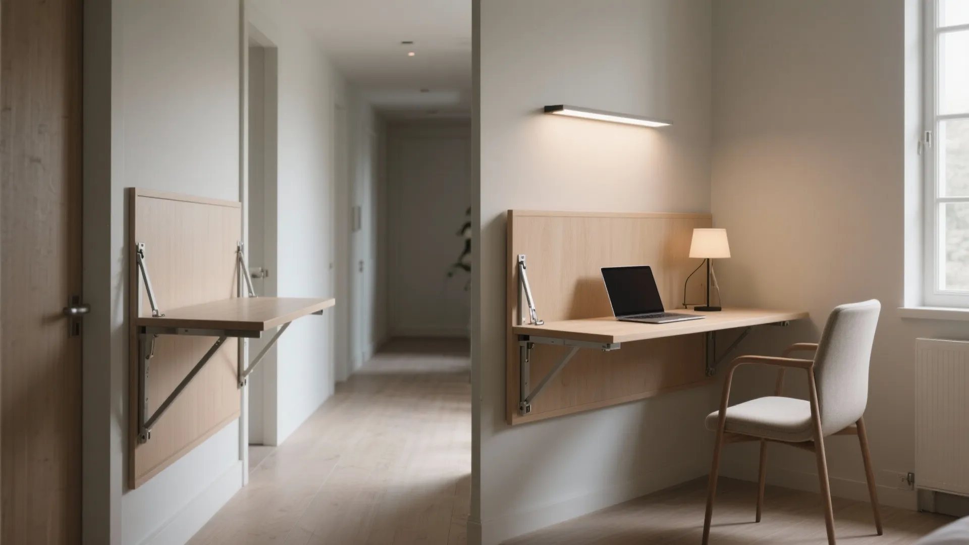 Wooden fold-down desk attached to a white wall featuring a laptop, lamp, and comfortable chair