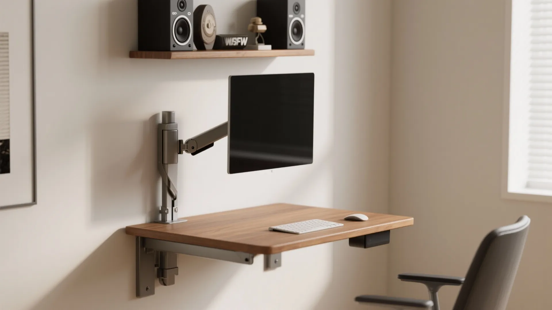 1. Fold-down wall desk with integrated shelf