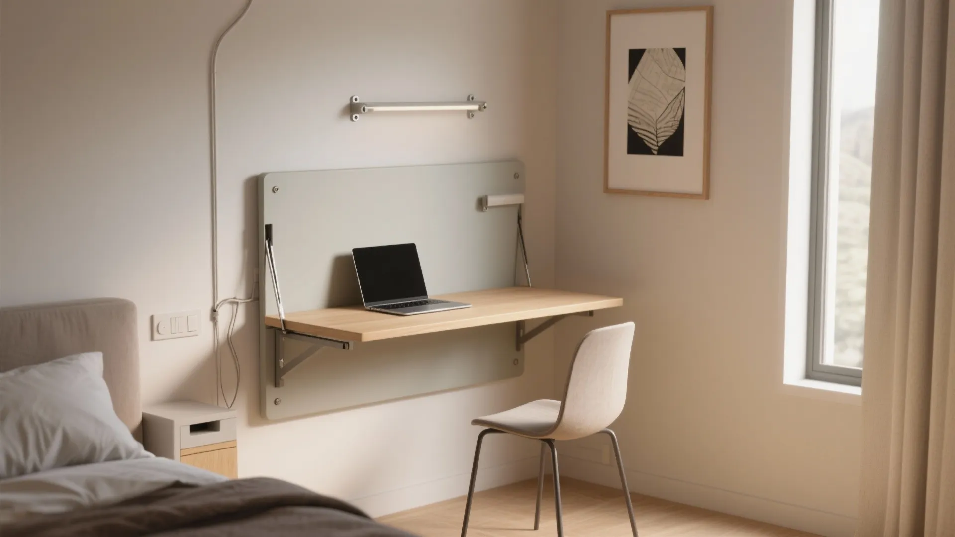 Wall-mounted fold-down desk in a small bedroom, folded down with a laptop and slim chair under warm daylight.