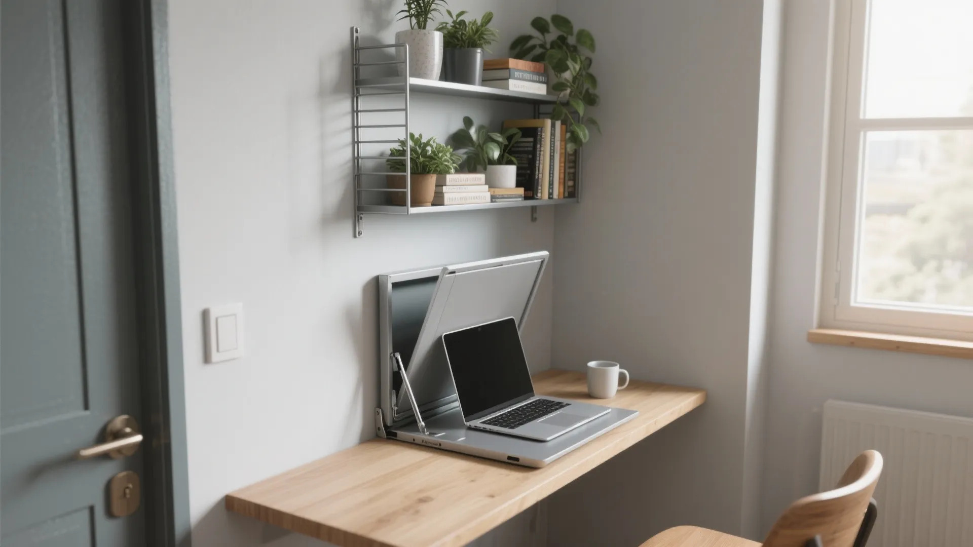 1. Fold-down desk with vertical storage