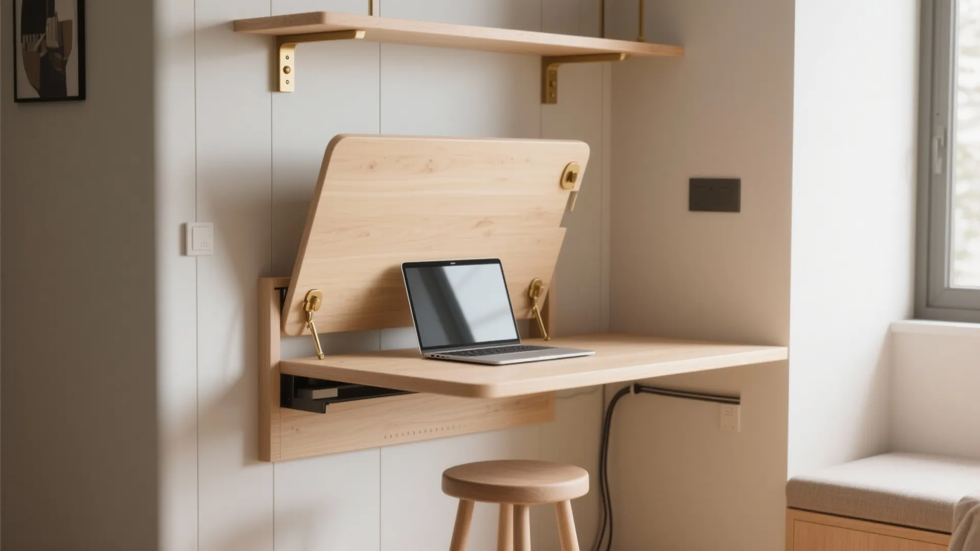 Wooden wall mounted folding desk with a laptop and a small round stool in daylight