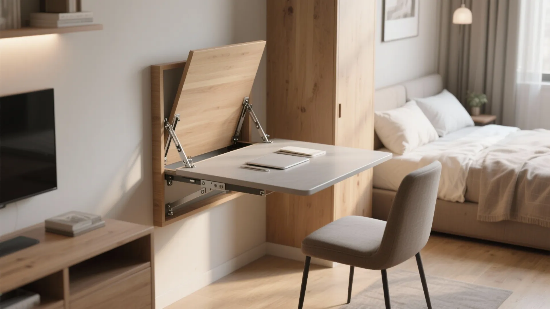 Fold-down workstations and Murphy-style tables