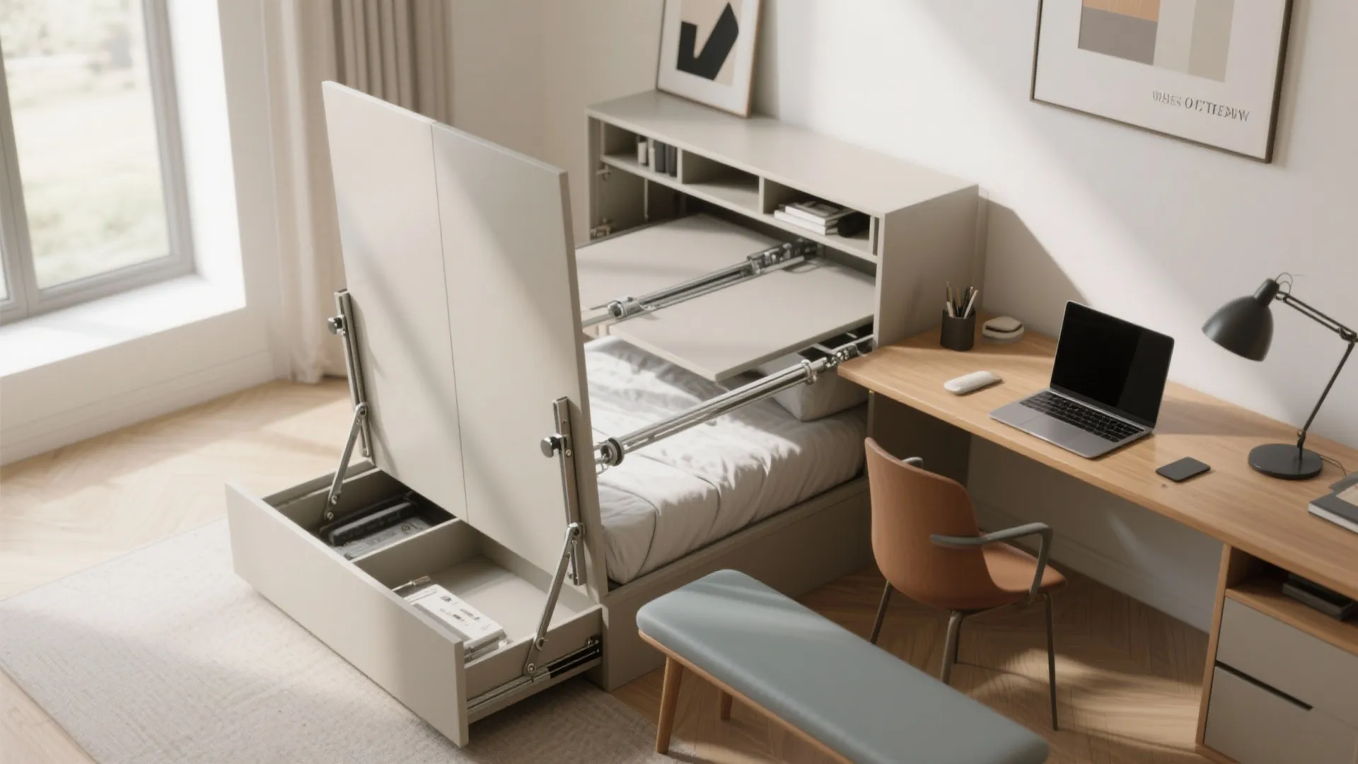 4. Bed Cabinet with Fold-Down Desk or Seating