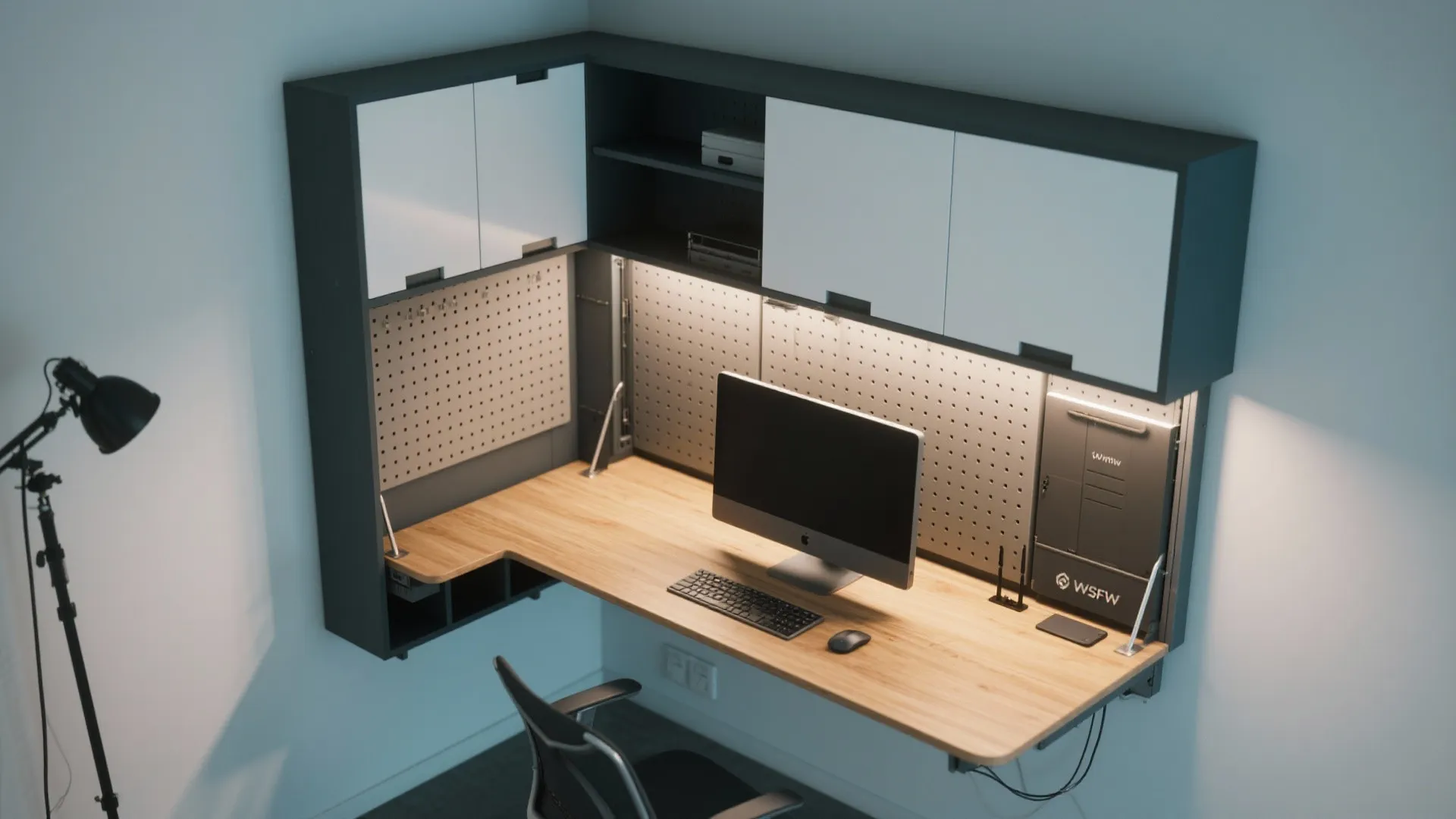 5. Fold-down wall desk with sliding storage