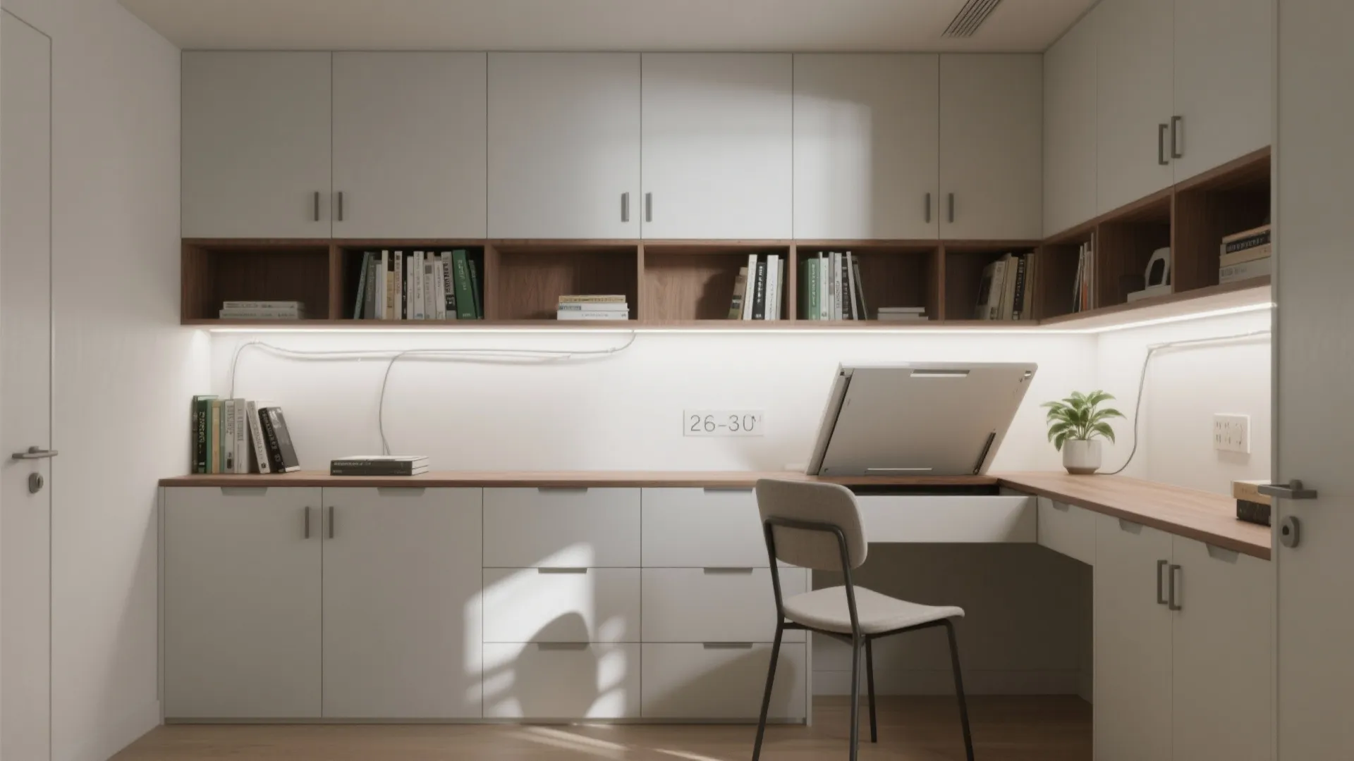 Minimalist wall storage with a fold-down desk