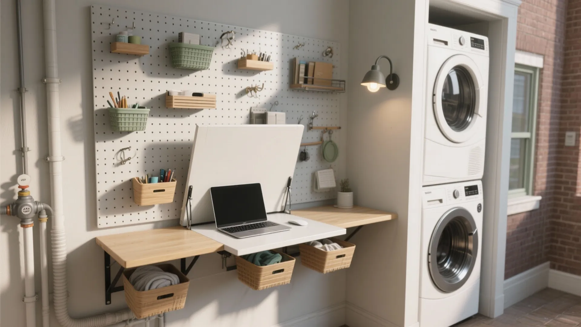 Fold-down desk with a vertical storage wall
