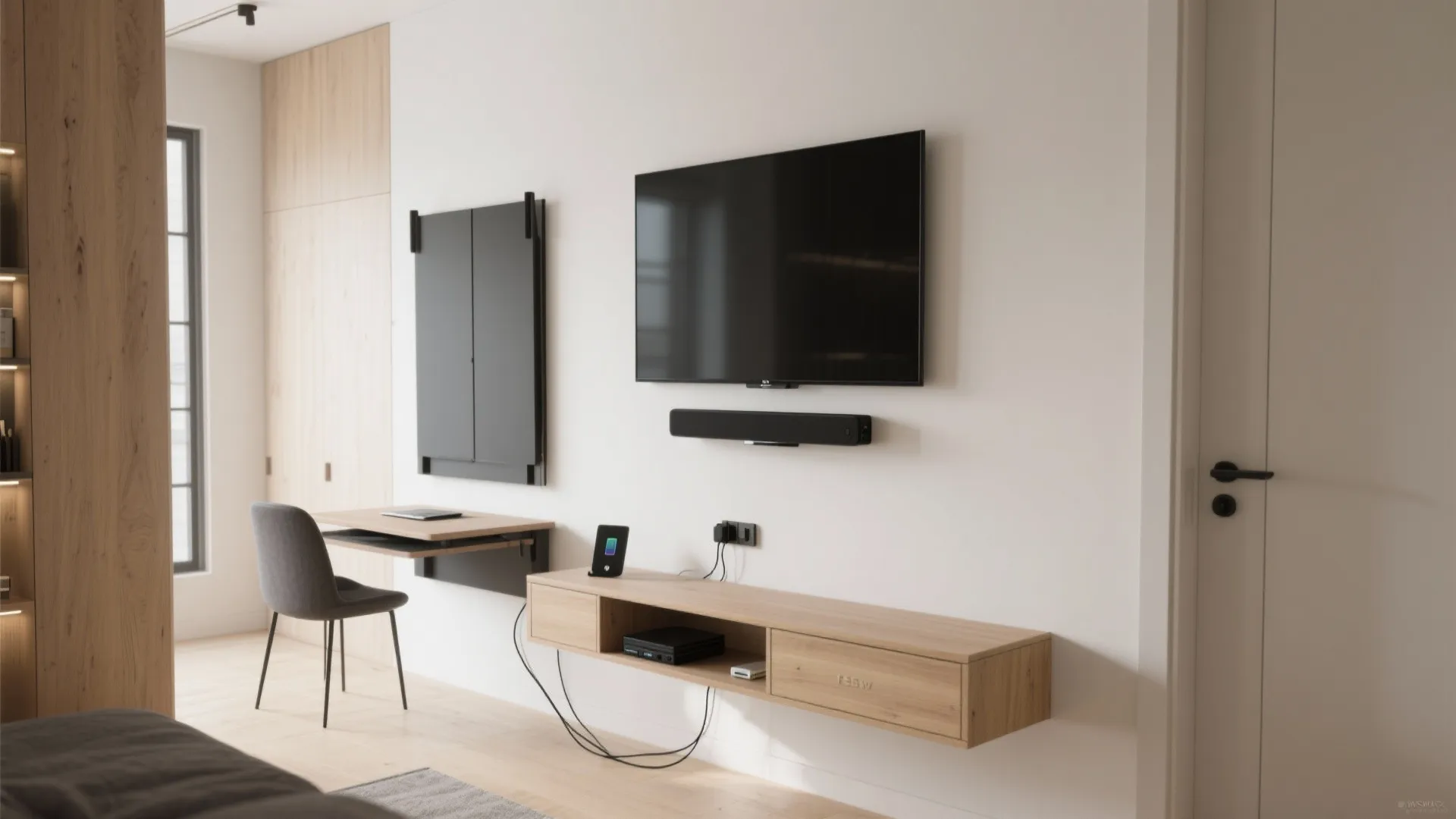 Multifunctional TV Unit With Fold-Down Desk or Bench