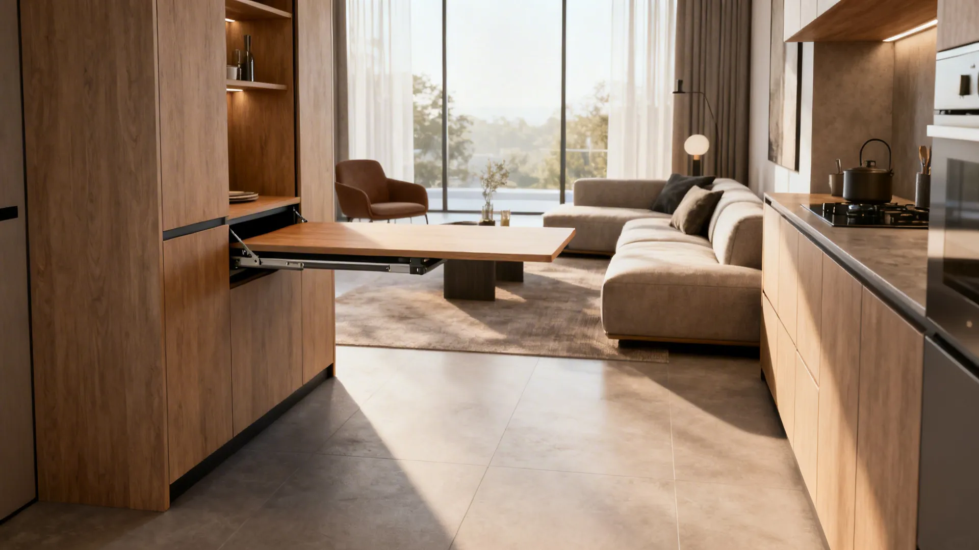 Fold-down desk in a small living room shown in both folded and deployed positions to illustrate conversion.