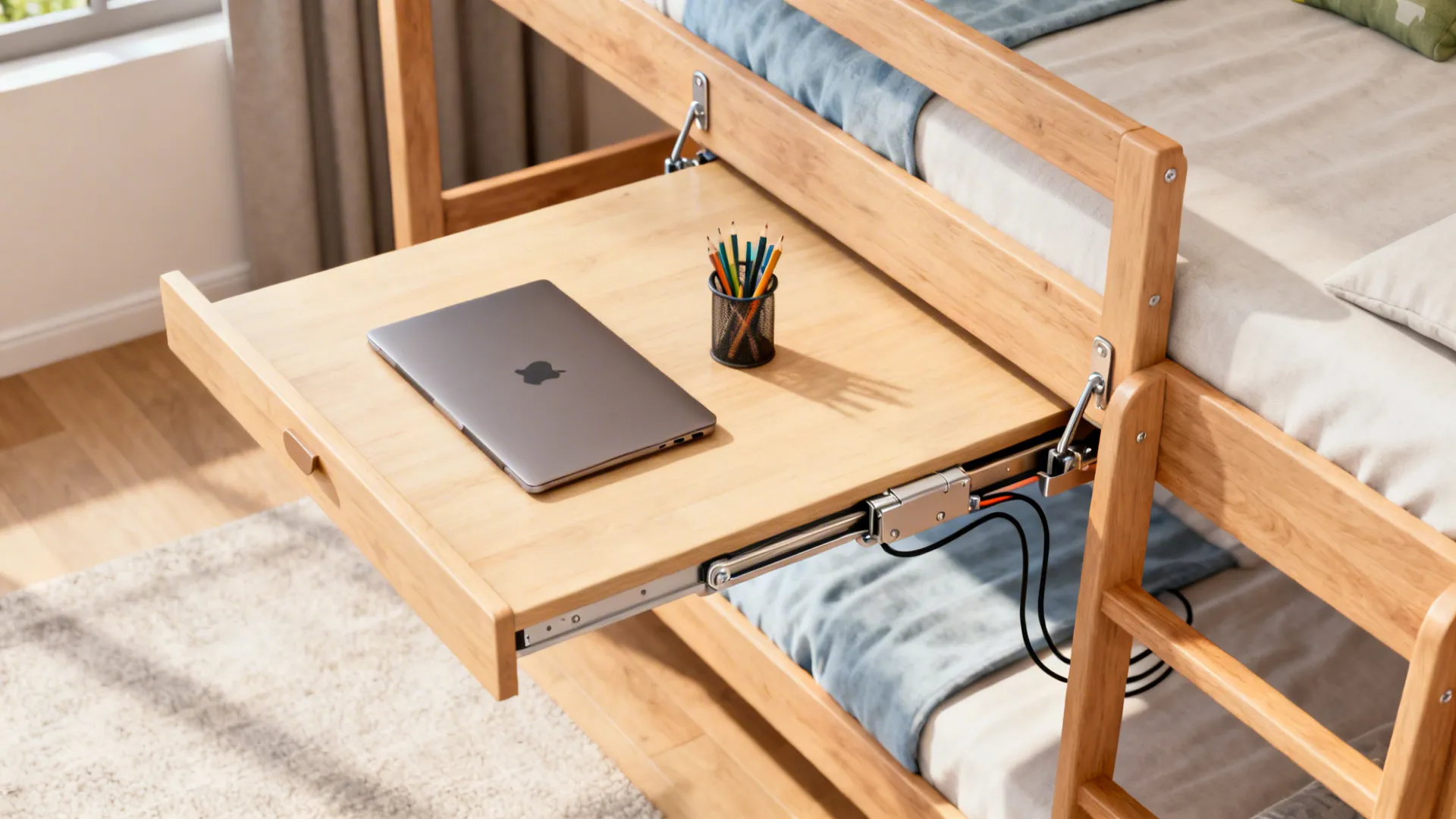 Bunk bed with a fold-down desk showing hinge and tidy cable routing