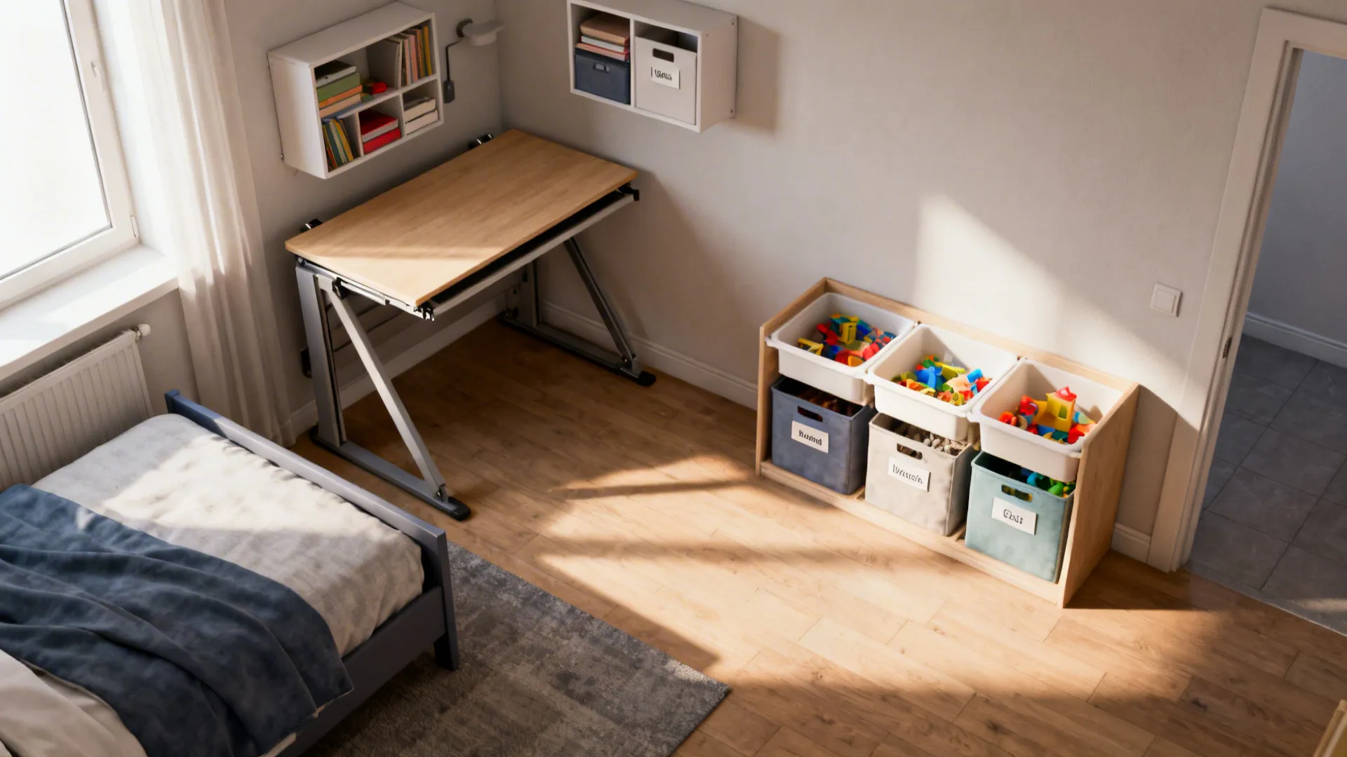 Top-down view of a fold-down desk and wall-mounted storage creating flexible space in a small bedroom