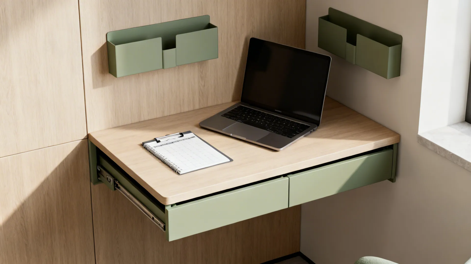 Fold-down corner desk with slim storage and organized workspace in a small home.