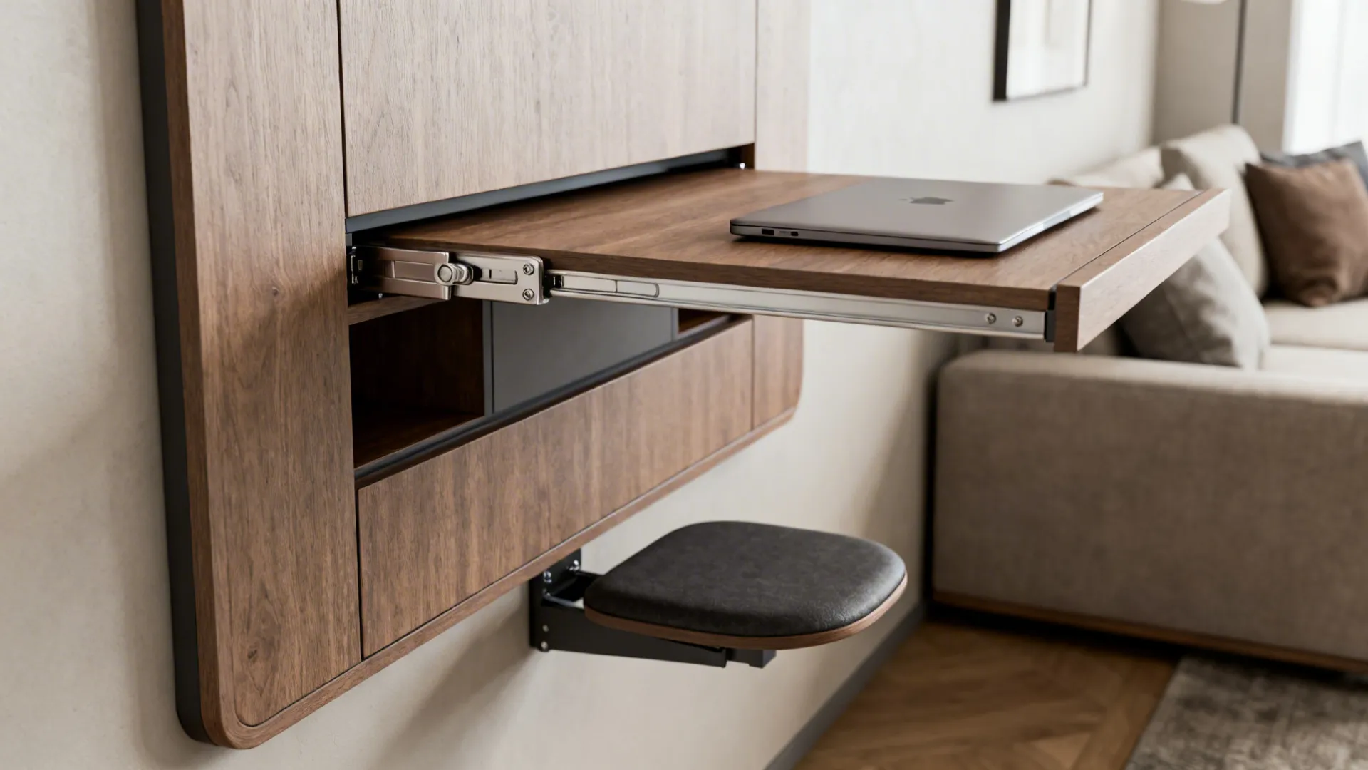 Wall-mounted fold-down desk with tuck-away stool designed for renter-friendly small spaces.