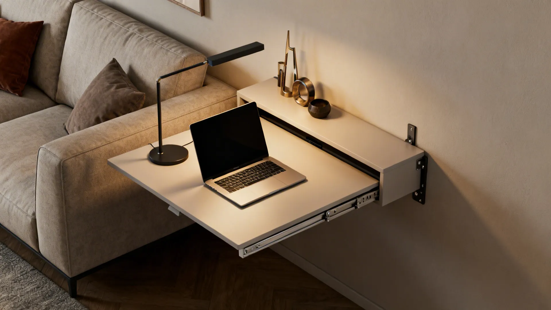 Wall-mounted fold-down desk behind a sofa serving as workspace and console in a small master bedroom