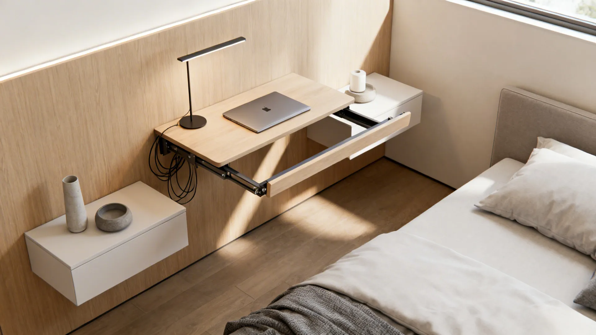 Floating nightstands and a fold-down wall desk open in a small bedroom, showing space-saving design