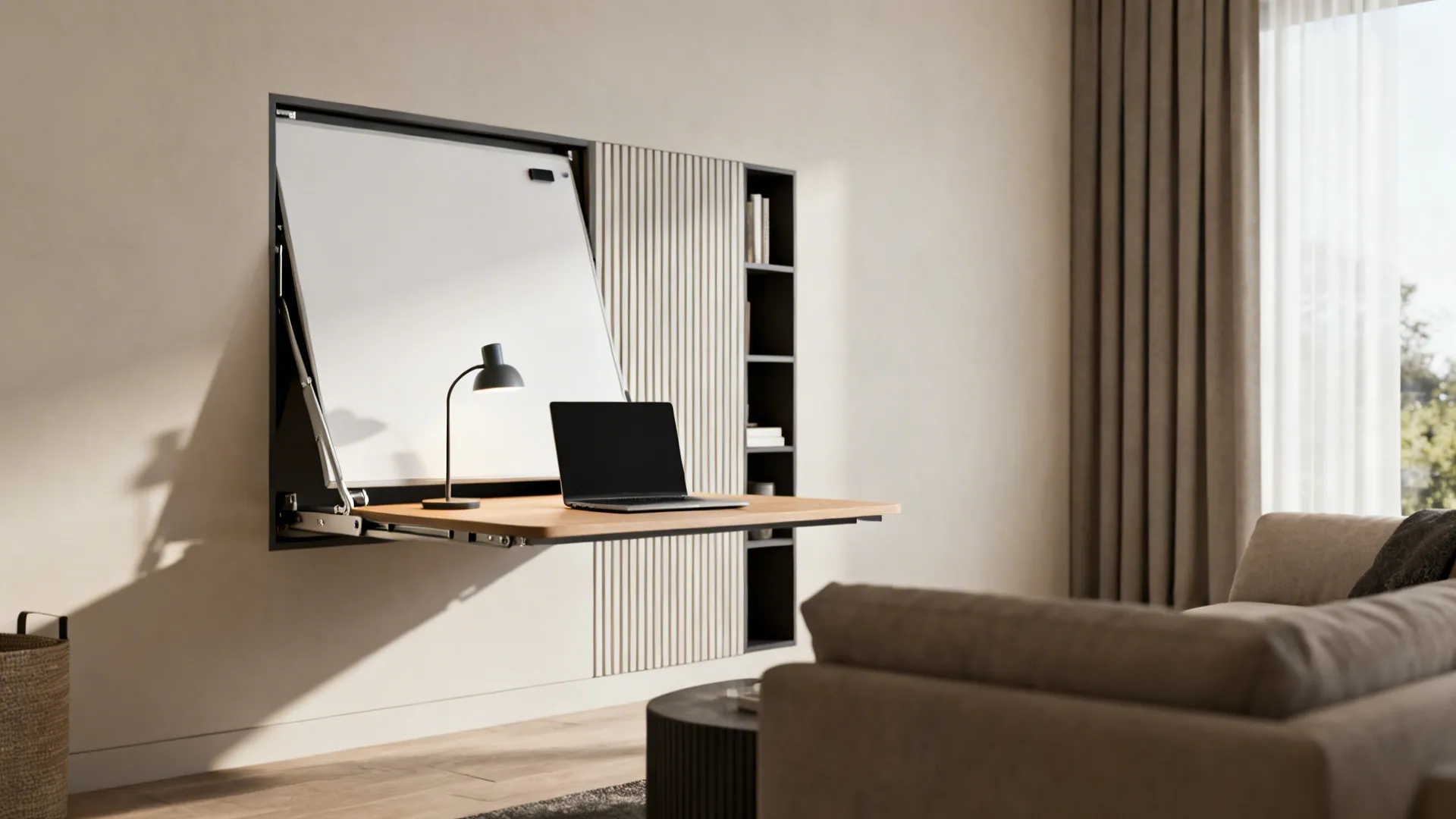 Minimalist wall mounted folding desk with laptop and lamp in a bright modern living room