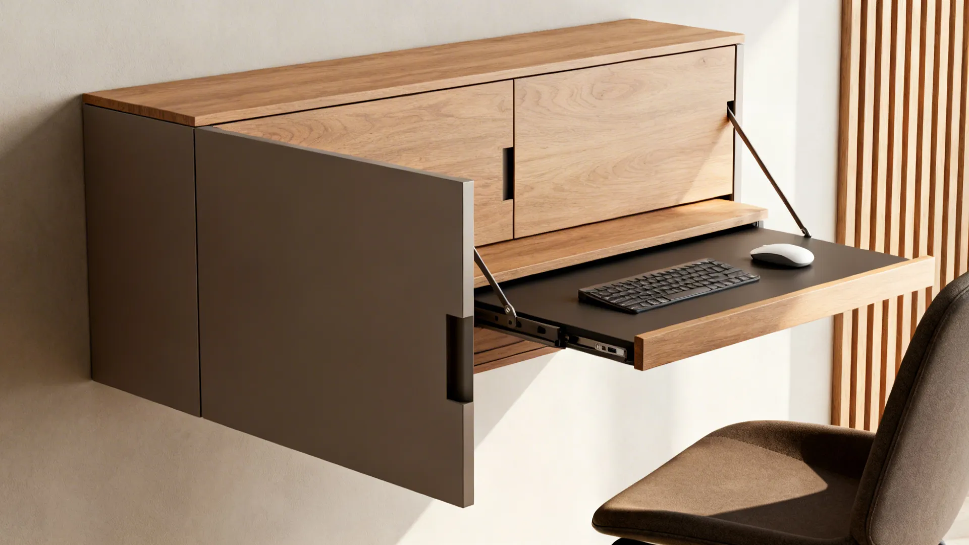 Wooden wall cabinet opening into a small folding desk with a keyboard and a mouse
