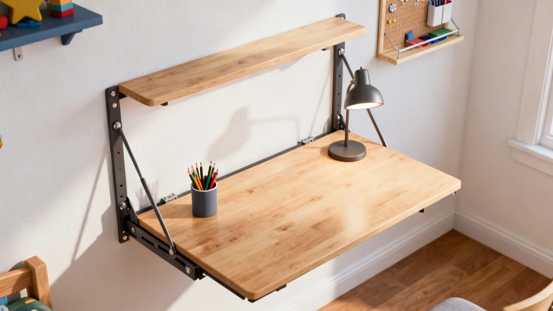 Fold-down wall desk shown folded and open with wall organizers and magnetic board in a small room.