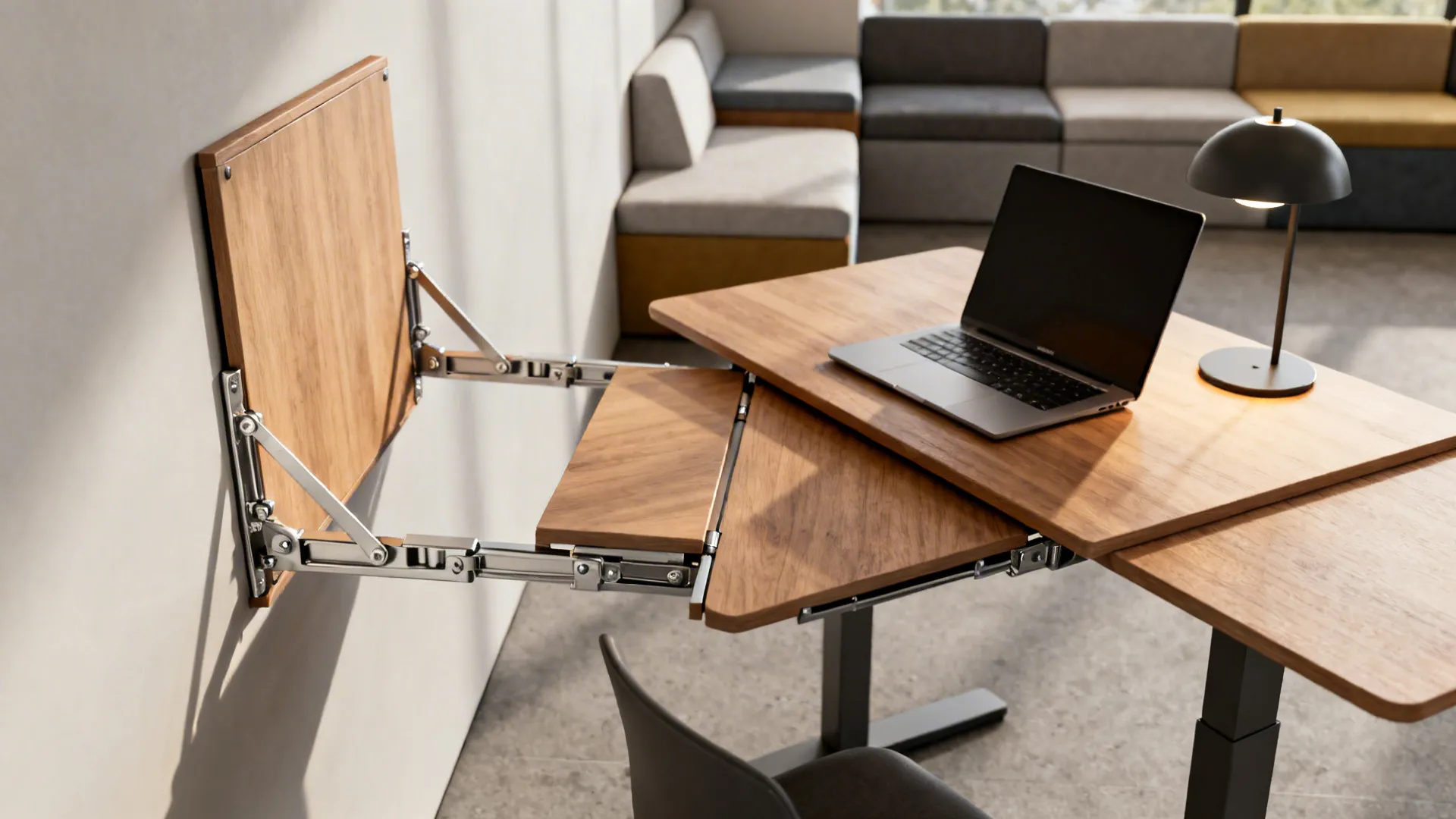 Fold-down desk shown closed, mid-unfold, and open as a workspace in a small living room.