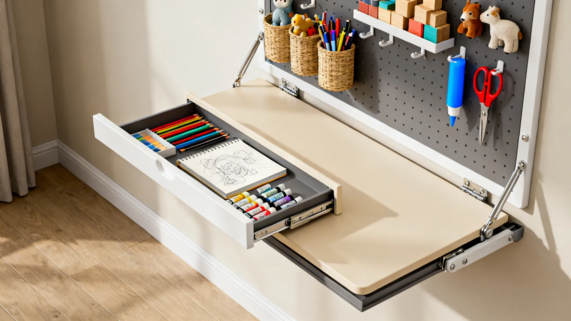 3. Fold-down desk and wall-mounted toys