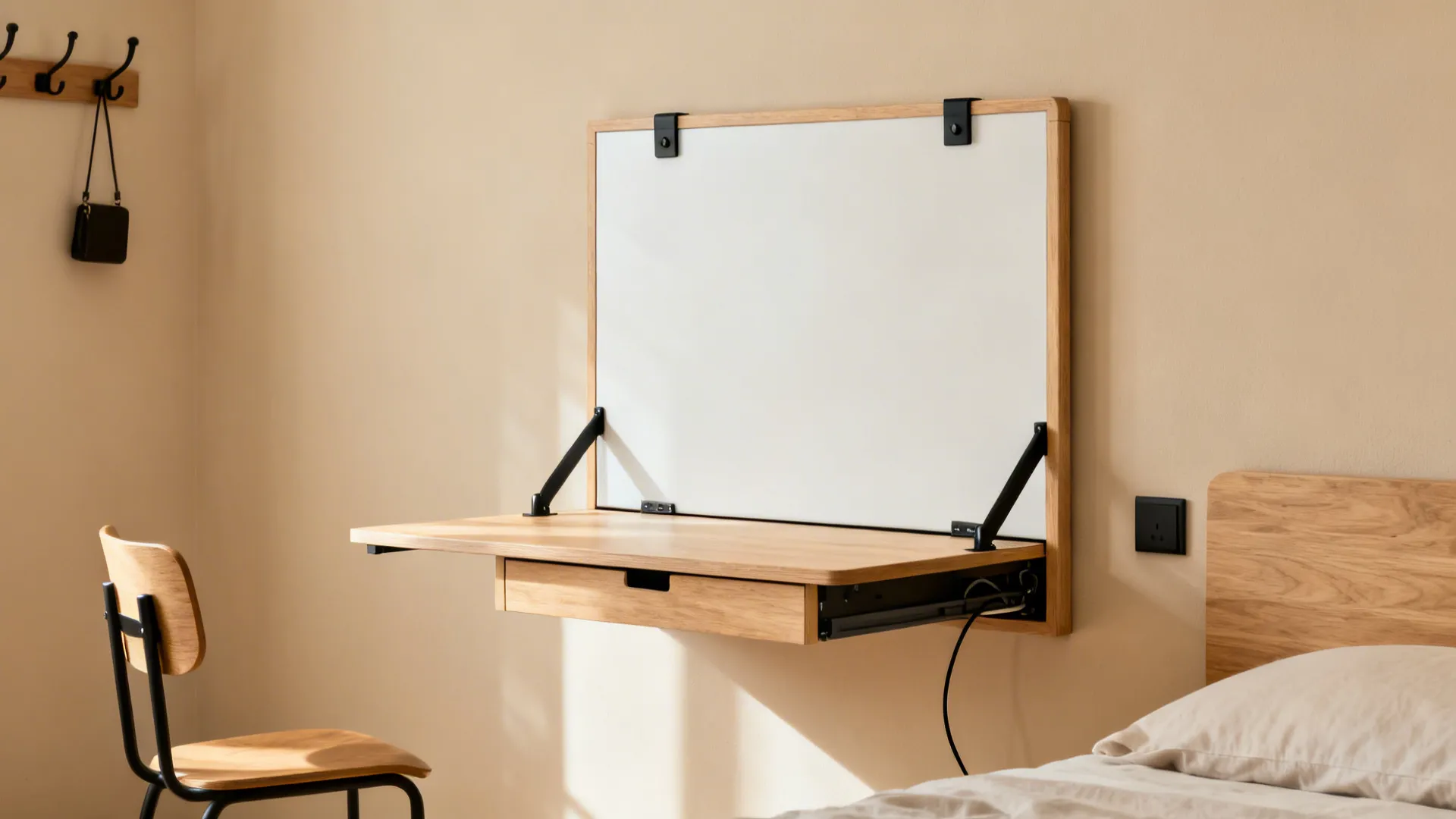 Small bedroom with a fold-down wall desk, hidden supports, and tidy cable management in a neutral palette.