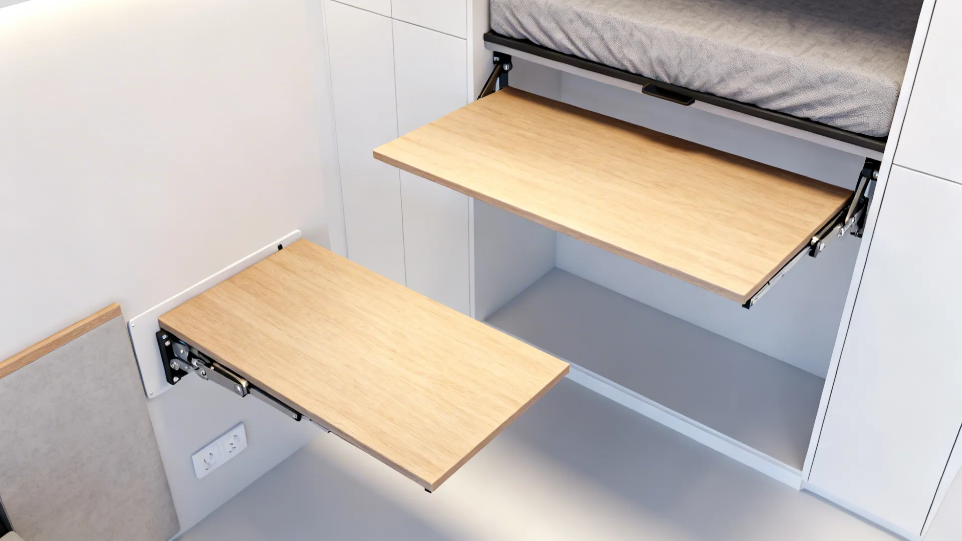 Fold-down desk shown open and closed in a small bedroom, highlighting flexible layout options