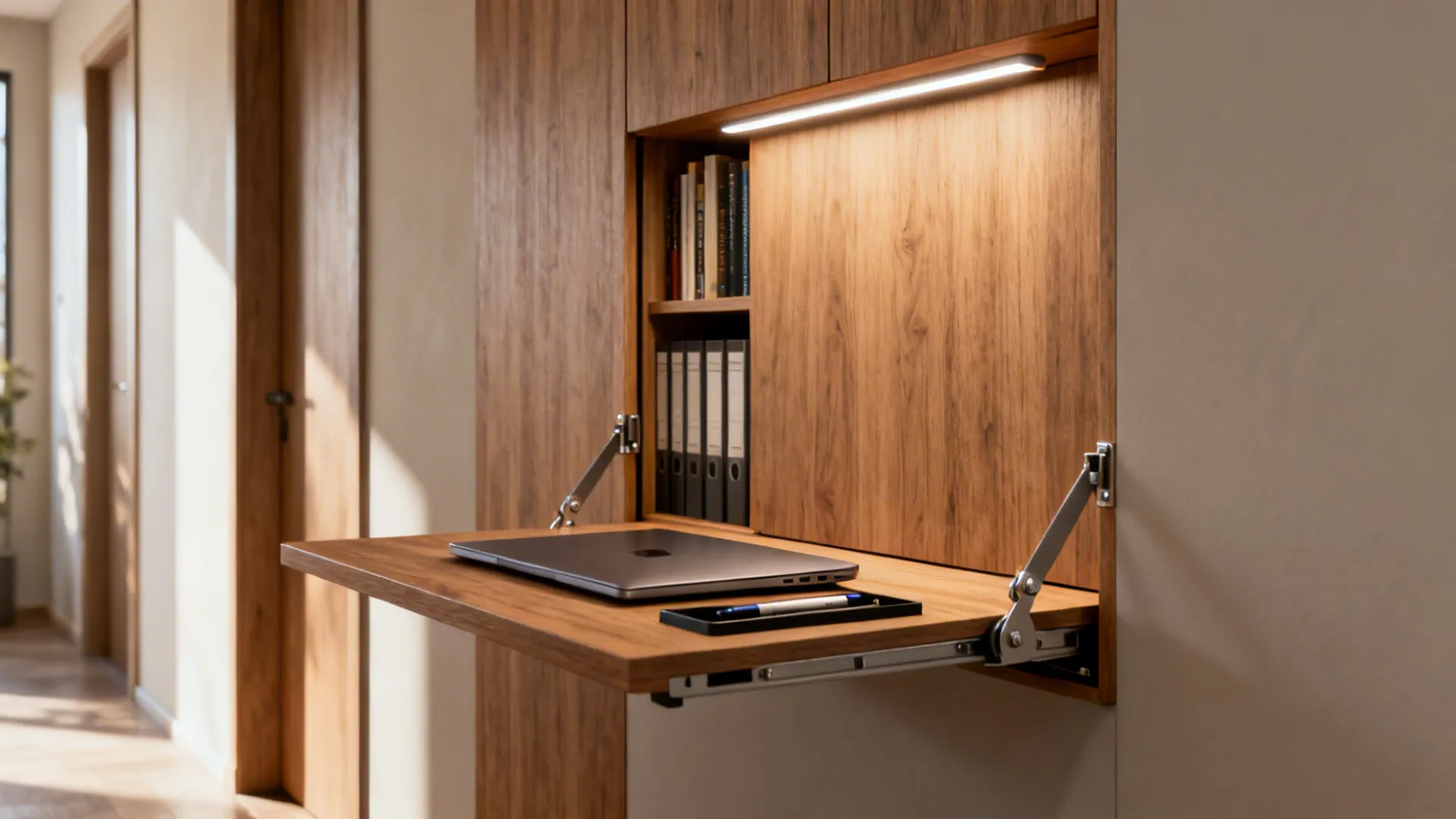 Wall-mounted fold-down desk with integrated vertical shelving and LED strip lighting