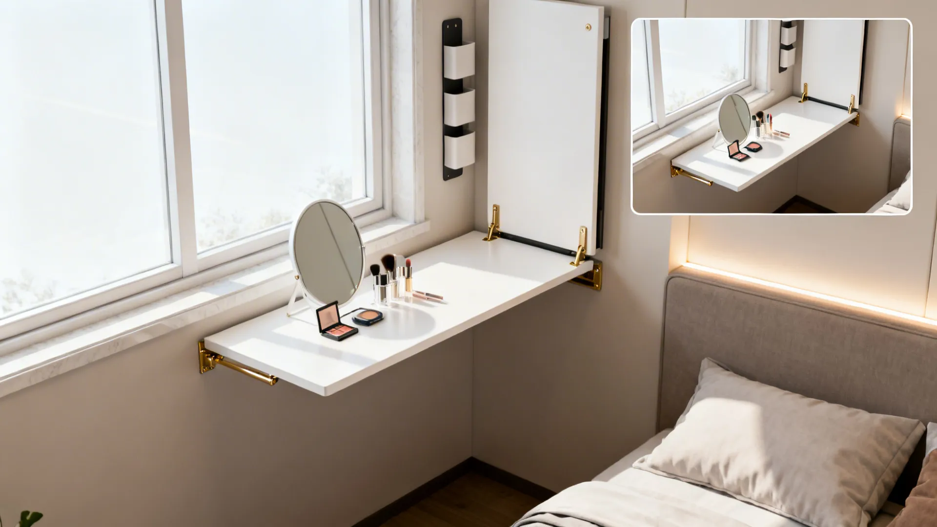Wall mounted white folding desk with makeup mirror next to bedroom window for space saving